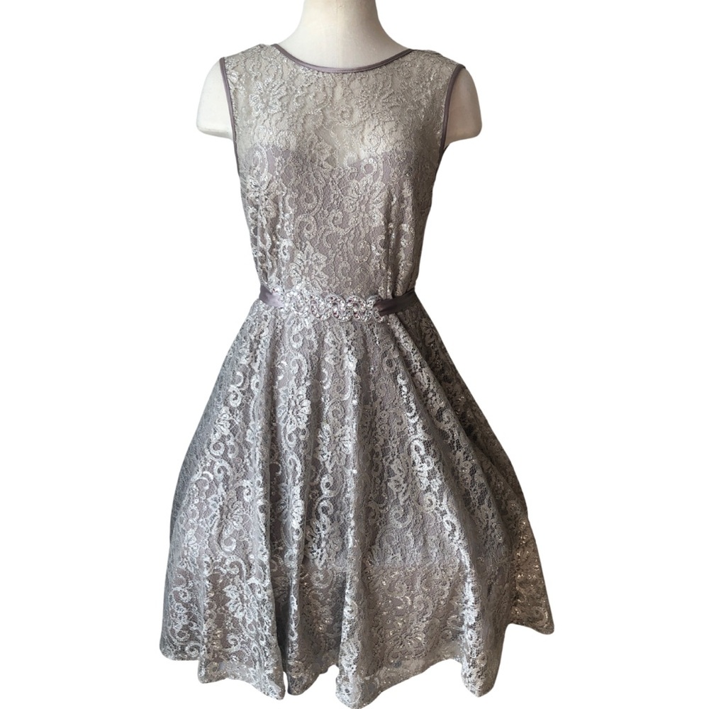 Betsy & Adam size 6 pewter bling  bridesmaid dress formal sleeveless V neck